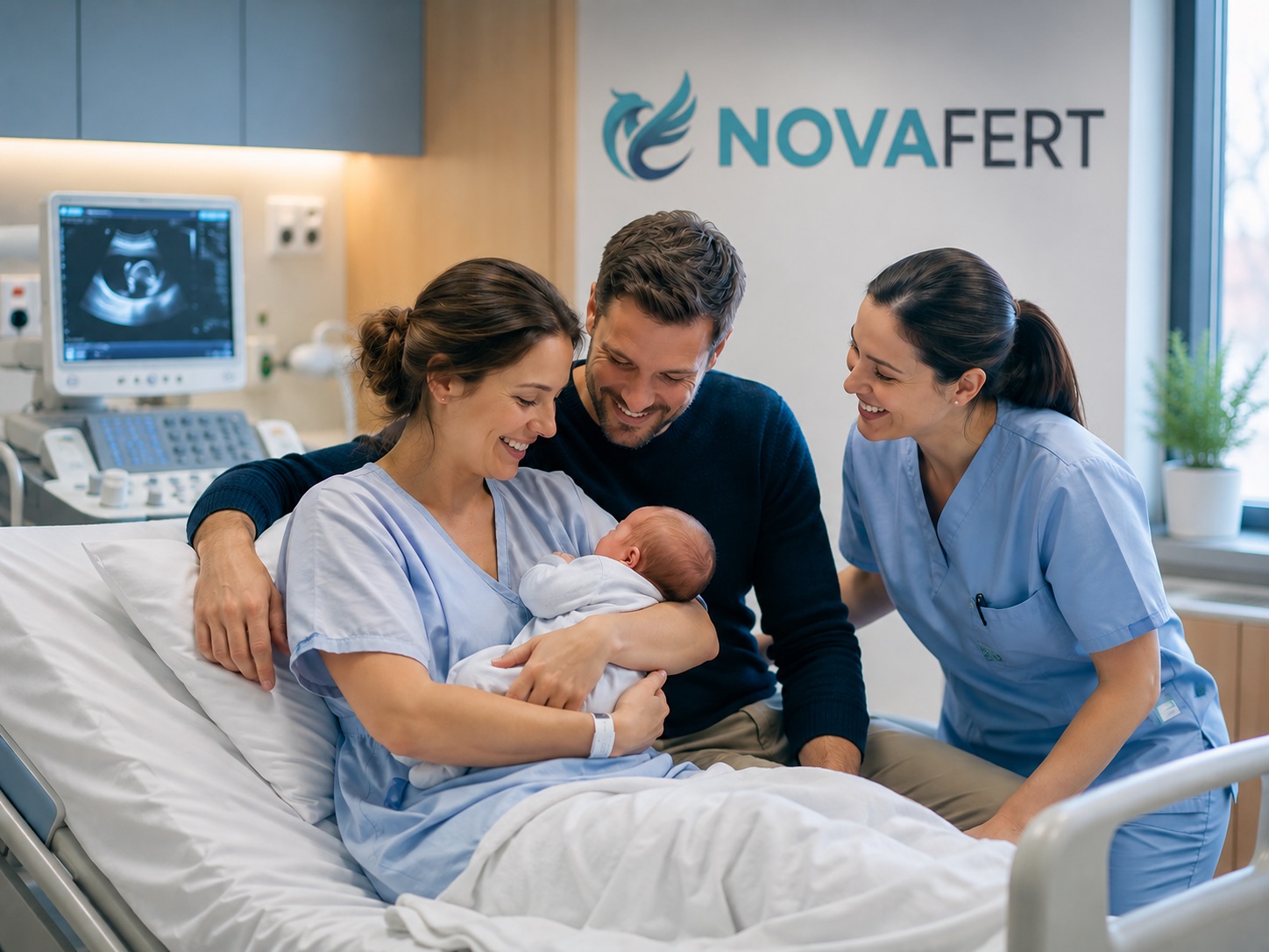 Glückliche Familie mit Neugeborenem und Ärztin in einer NOVAFERT-Praxis
